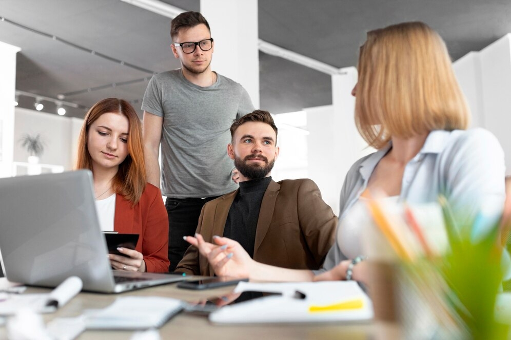 company staff at meeting